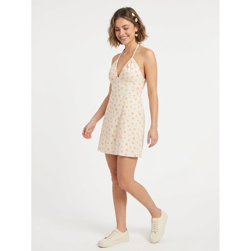 Elodie Floral Halter Mini Dress Cream Daisy Print Smocked Back XS ELSD4709